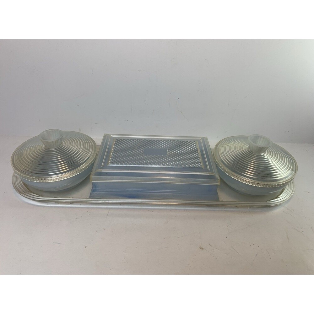 Vintage Fosta Dresser Set Powder Trinket Boxes Plastic Blue Marbled Vanity Tray